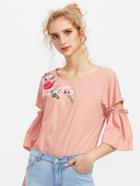 Shein Embroidered Flower Patch Cutout Bell Sleeve Top