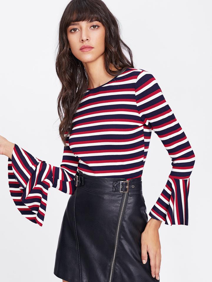 Shein Trumpet Sleeve Rib Knit Striped T-shirt