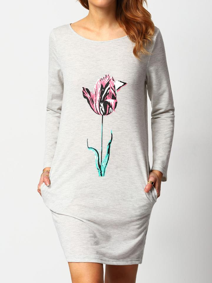 Shein Grey Long Sleeve Floral Pockets Dress
