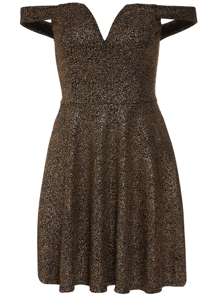 Shein Gold Off The Shoulder V Neck Pleated Dress