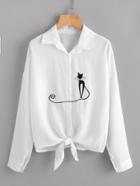 Shein Drop Shoulder Cat Embroidered Knotted Hem Shirt
