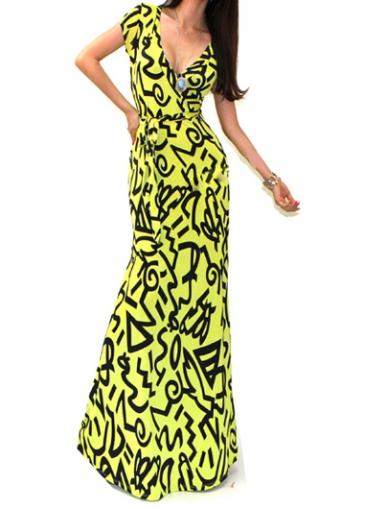 Rosewe Cap Sleeve Printed Yellow Maxi Dress