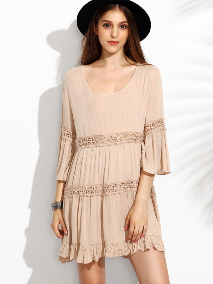 Shein Apricot Crochet Insert Hollow Ruffle Hem Dress