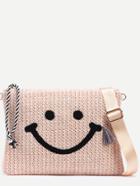 Shein Beige Smiley Face Embroidered Straw Crossbody Bag