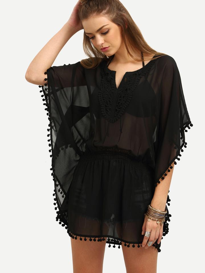 Shein Black Pom-pom Decorated Chiffon Blouse