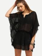 Shein Black Pom-pom Decorated Chiffon Blouse