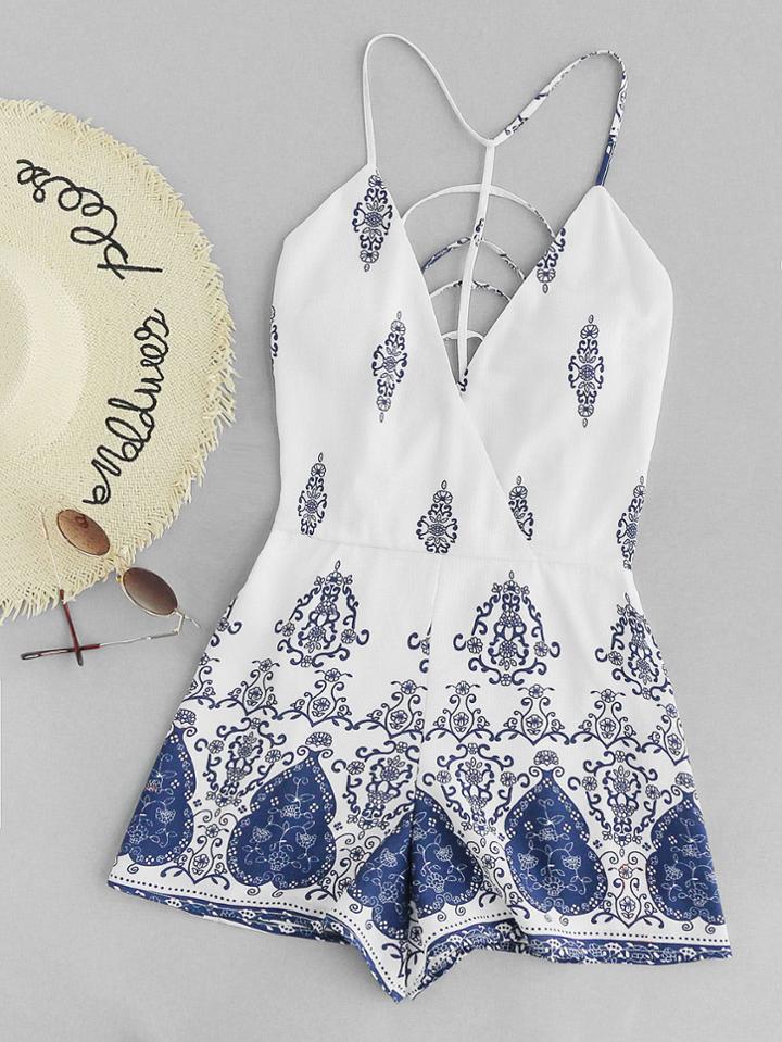 Shein Deep V Neckline Strap Open Back Surplice Romper