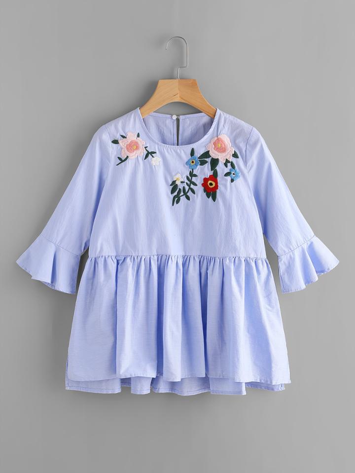 Shein Embroidery Frill Cuff Smock Blouse