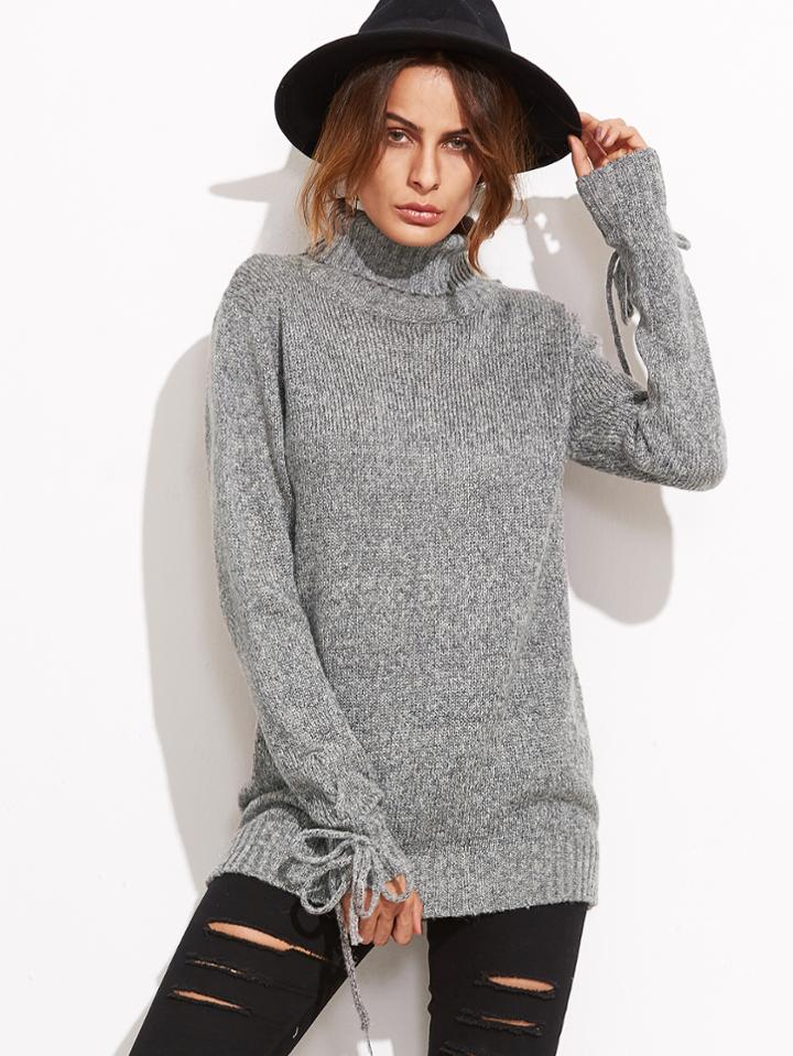 Shein Grey Marled Knit Turtleneck Tied Cuff Sweater