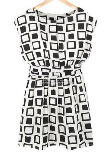 Rosewe A Line Round Neck Sleeveless Skater Dress With Checkered