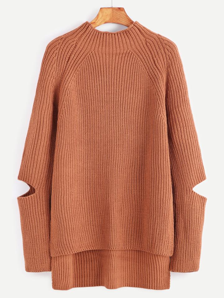 Shein Khaki Mock Neck Cut Out Sleeve High Low Sweater