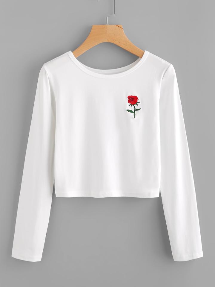 Shein Rose Embroidered Crop Tee