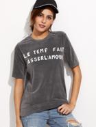Shein Grey Crew Neck Letter Print Velvet T-shirt