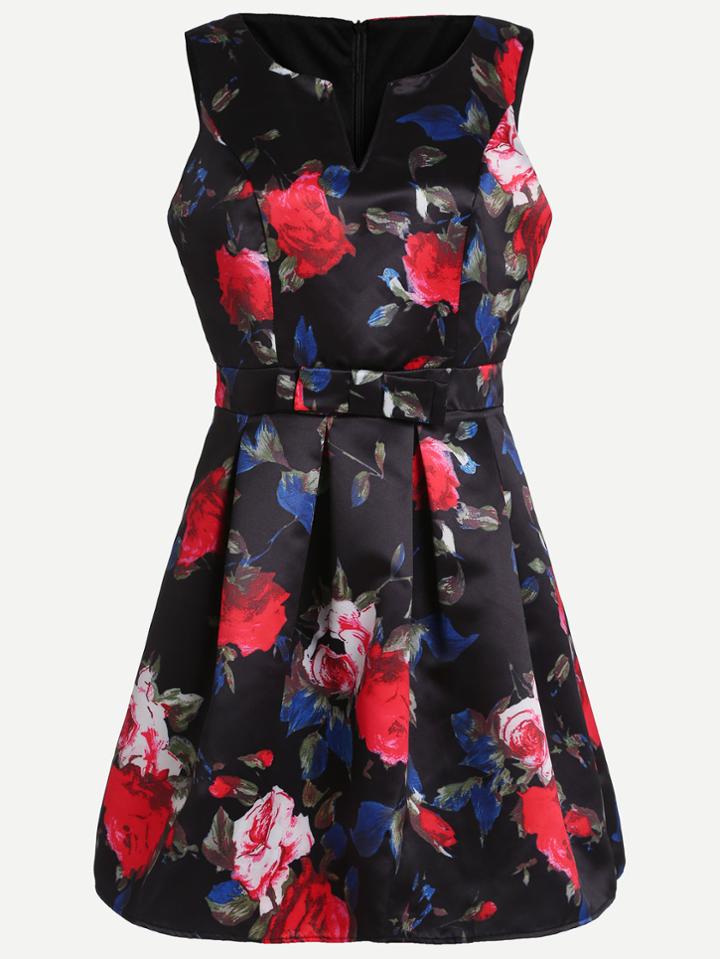 Shein Black Floral Print Bow Front Sleeveless Flare Dress