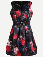 Shein Black Floral Print Bow Front Sleeveless Flare Dress