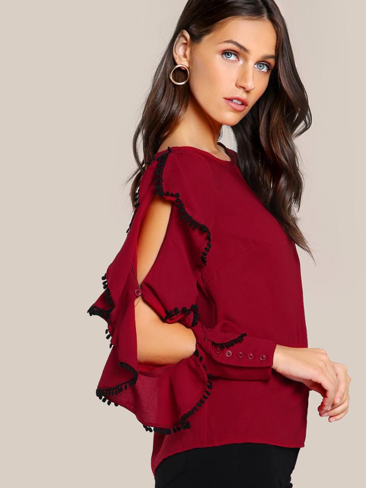 Shein Open Shoulder Cascade Ruffle Sleeve Top