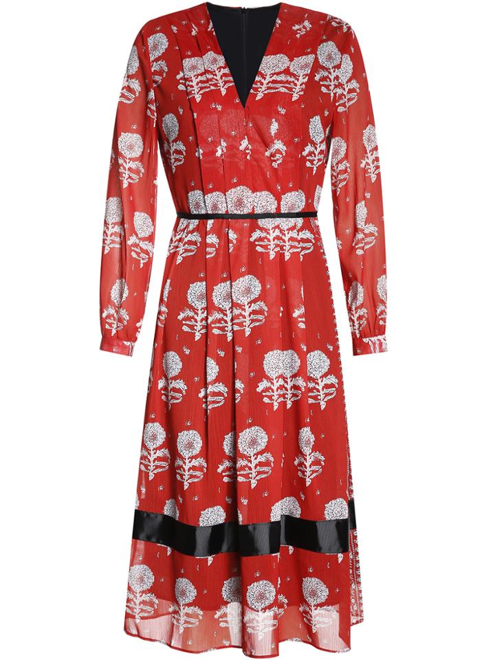 Shein Red V Neck Print Pleated A-line Dress