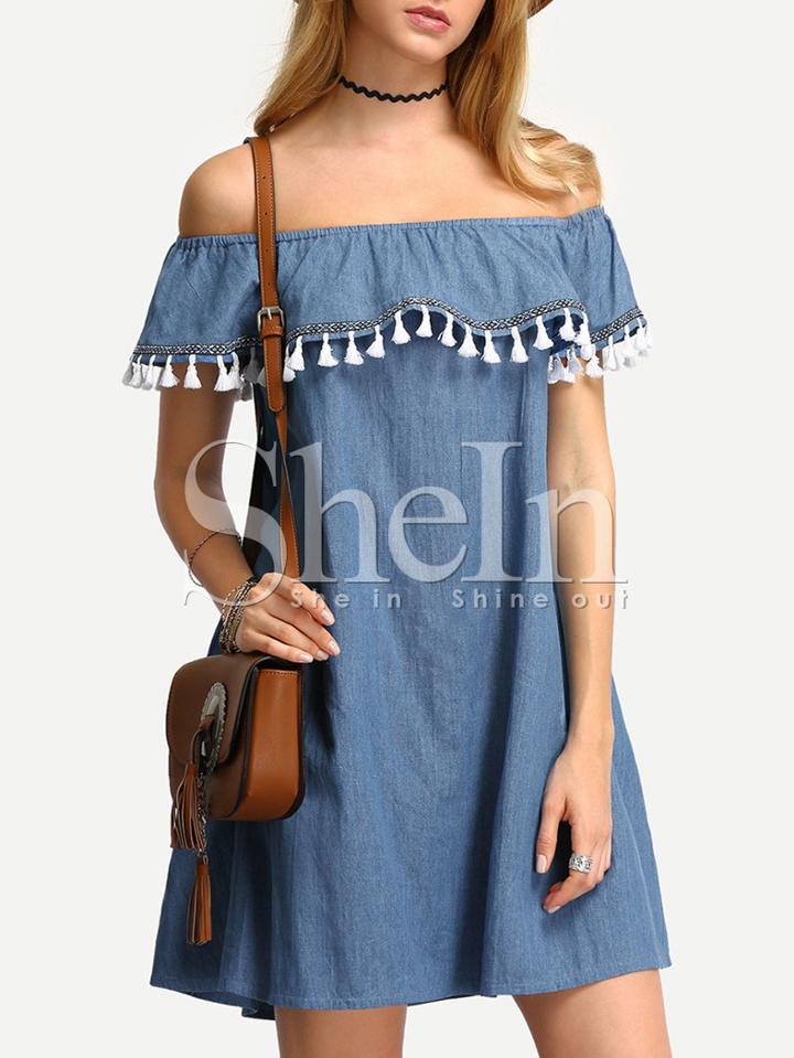 Shein Blue Denim Off The Shoulder Tassel Shift Dress