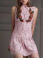 Shein Pink Lapel Applique Pouf Lace Dress