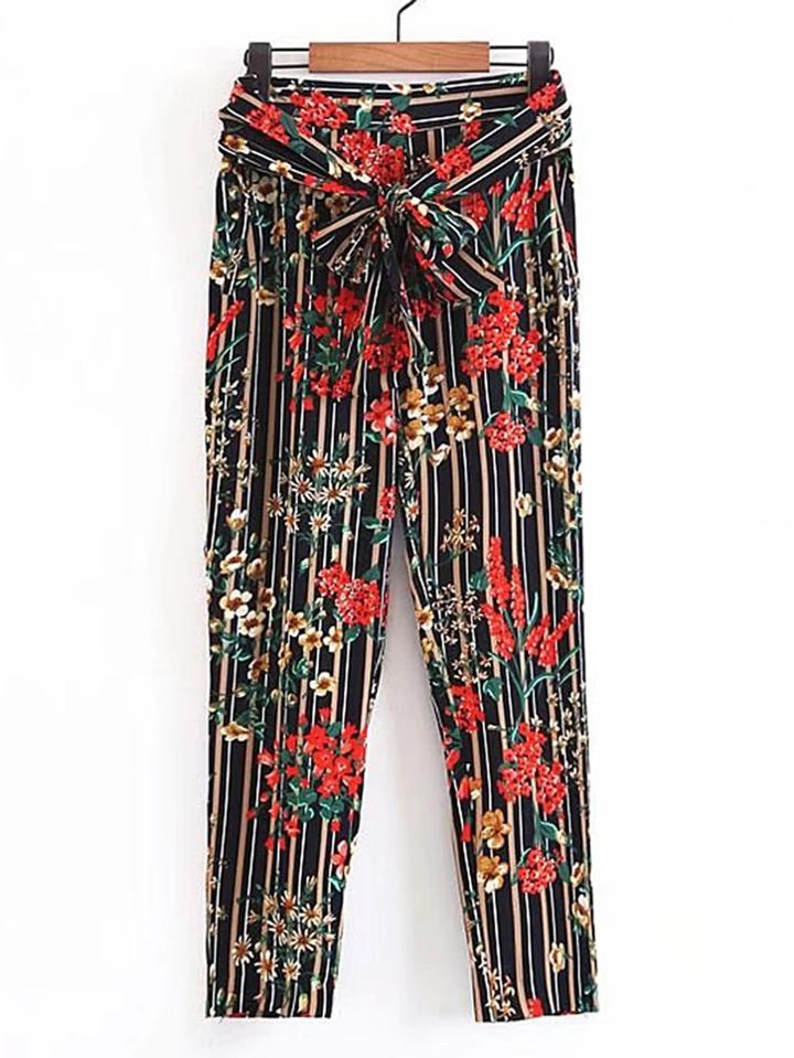 Shein Knot Waist Vertical Striped Floral Pants