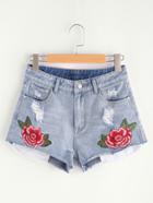 Shein Bleach Wash Flower Embroidered Raw Hem Denim Shorts