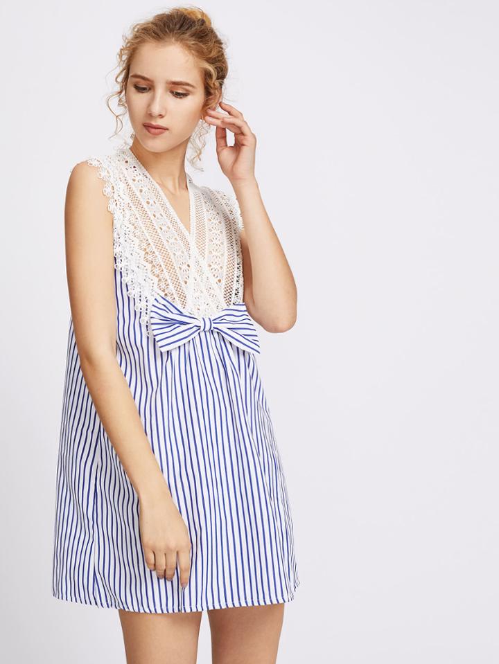 Shein Pinstripe Contrast Crochet Lace Bow Front Dress