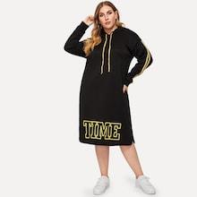 Shein Plus Stripe & Letter Print Slit Hoodie Dress