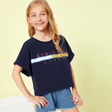 Shein Girls Letter And Stripe Print Cuffed Tee