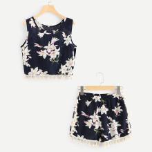 Shein Tassel Trim Floral Tank Top & Shorts Co-ord