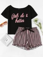 Shein Letter Print Top & Striped Shorts Pajama Set