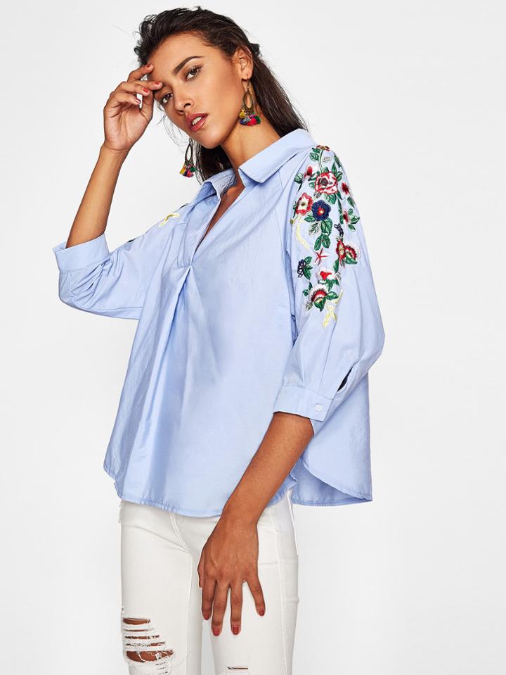Shein Botanical Embroidered Sleeve V Neckline Shirt