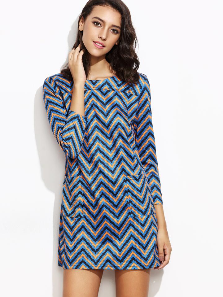 Shein Navy Chevron Pattern Pockets Dress