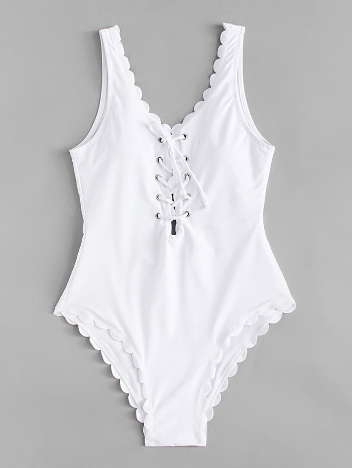 Shein Lace Up Front Scallop Swimsuit