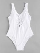 Shein Lace Up Front Scallop Swimsuit