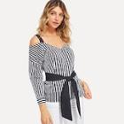 Shein Striped Self Tie Waist Cold Shoulder Blouse