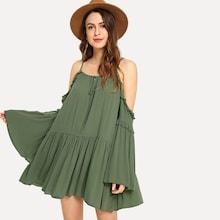 Shein Tassel Tie Frilled Cold Shoulder Top