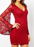 Rosewe Wine Red Lace Flare Sleeve Mini Dress