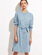 Shein Blue Self Tie Button Front Shirt Dress