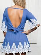 Shein Blue Elbow Sleeve Contrast Lace Open Back Dress