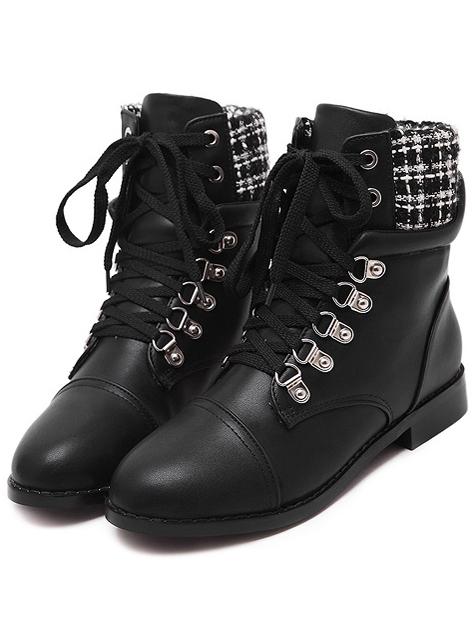 Shein Black White Lace Up Velvet Flat Boots