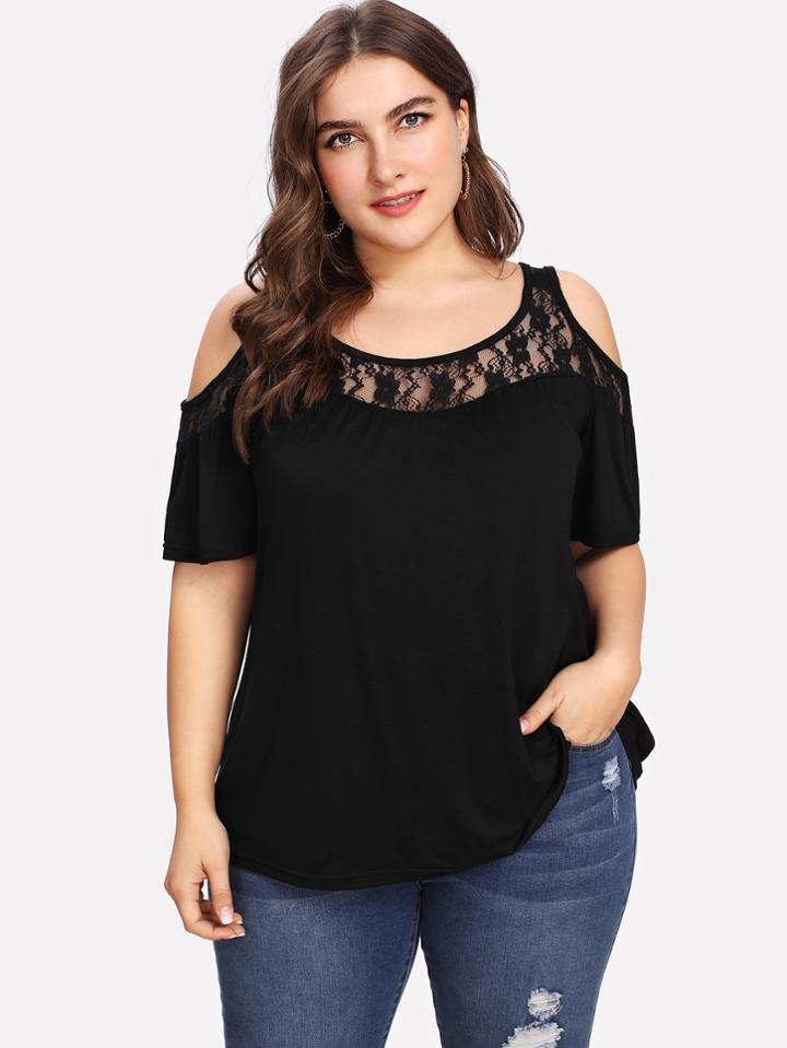 Shein Lace Insert Open Shoulder Tee