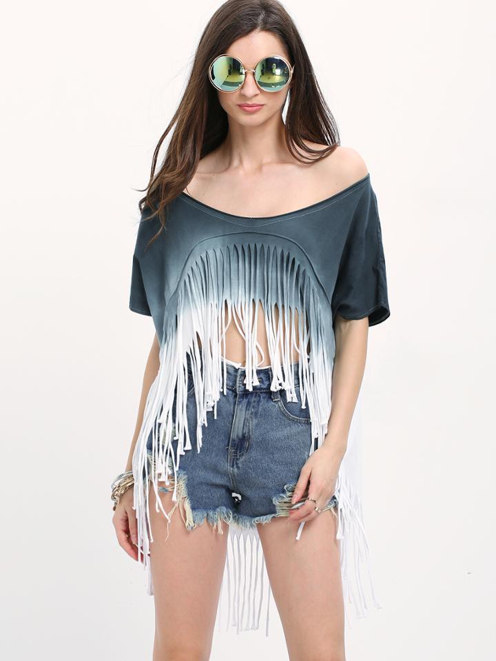 Shein Ombre Tassel High Low T-shirt