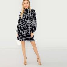 Shein Mock Neck Self Belted Grid Dress