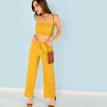 Shein Shirred Bandeau Top And Tassel Tie Waist Pants Set
