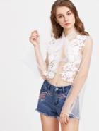 Shein White Tie Neck Applique Mesh Top