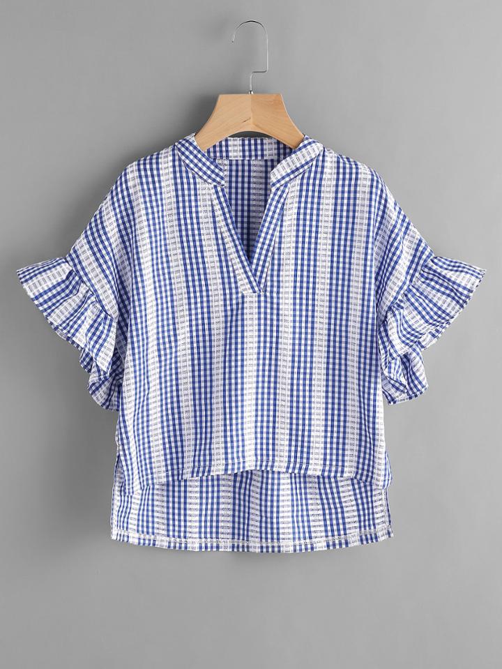 Shein Gingham Frill Cuff Slit Side Dip Hem Blouse