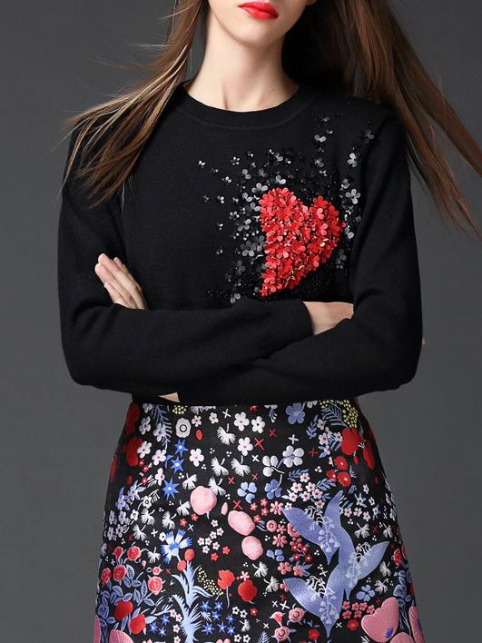 Shein Black Heart Applique Pouf Sweater