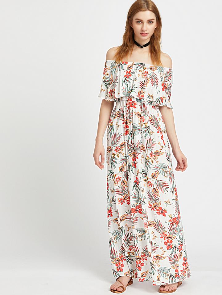 Shein Flounce Layered Neckline Tropical Print Dress