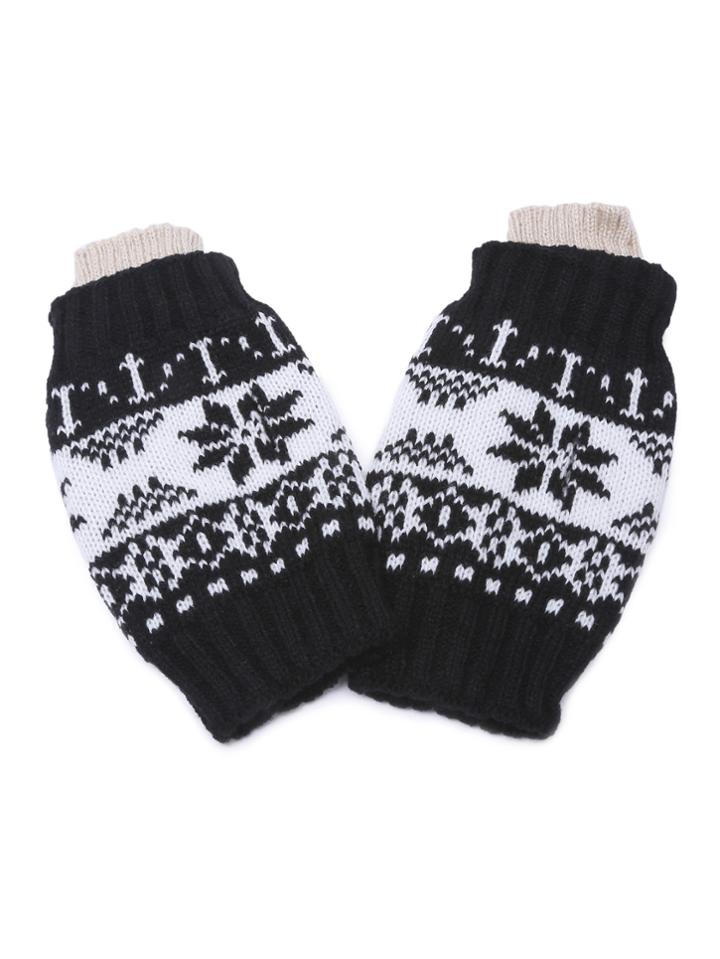 Shein Black Snowflake Fingerless Ribbed Knit Gloves