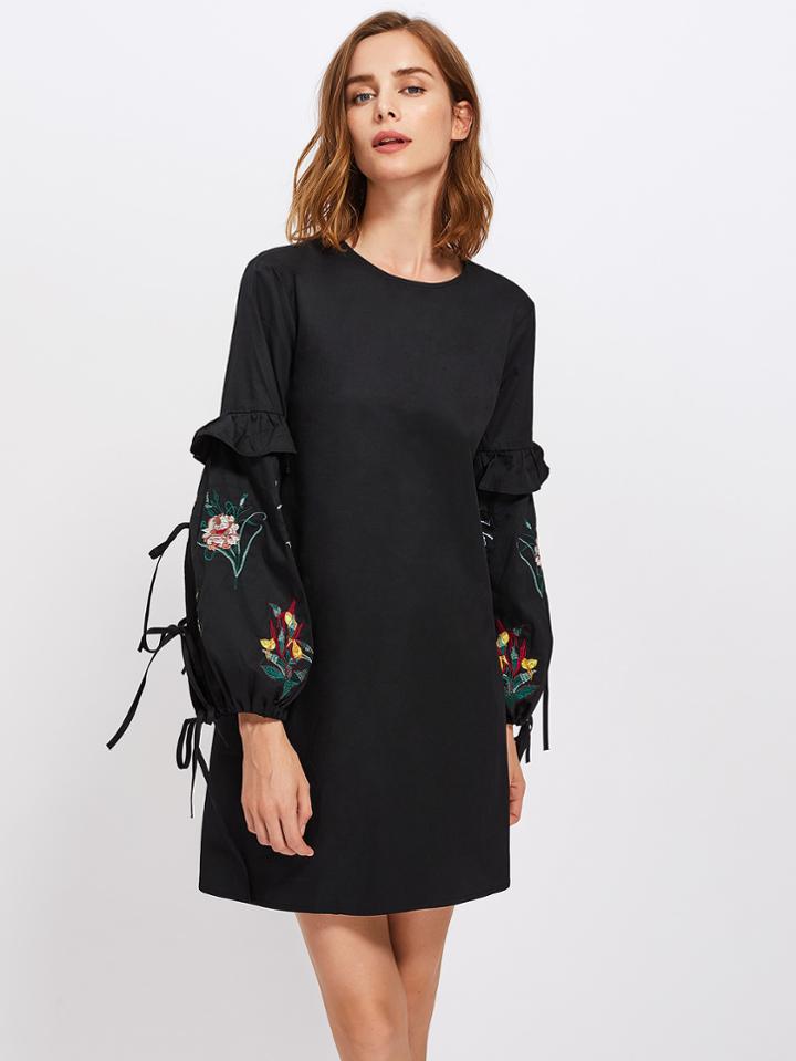 Shein Frill Trim Embroidered Lantern Sleeve Dress